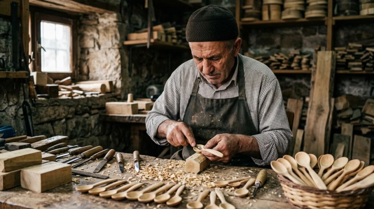 Bebekler İçin Şimşir Kaşık Yapıyor